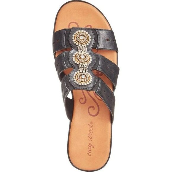 Easy Street Womens Nori Black Slide Sandals Flats SZ 9 embellished Rhinestone - Picture 1 of 8